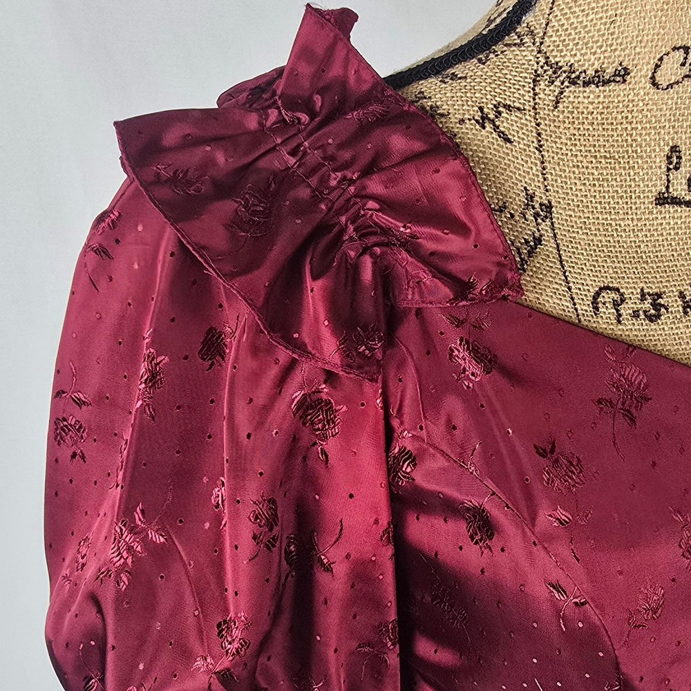 Vintage 80s Burgundy Floral Satin Jacquard Gown ILGWU Union Made Prom Dress 7-8 - Picture 6 of 16